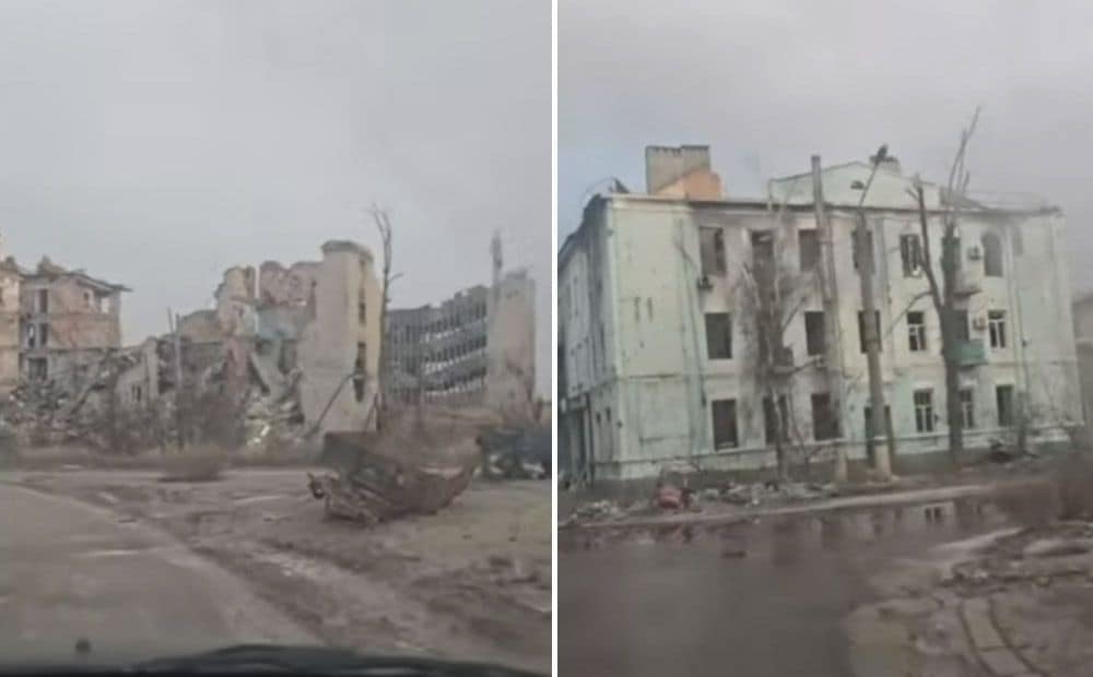 Krievu okupanti braukā pa sagrābto Bahmutu un filmē izpostīto pilsētu