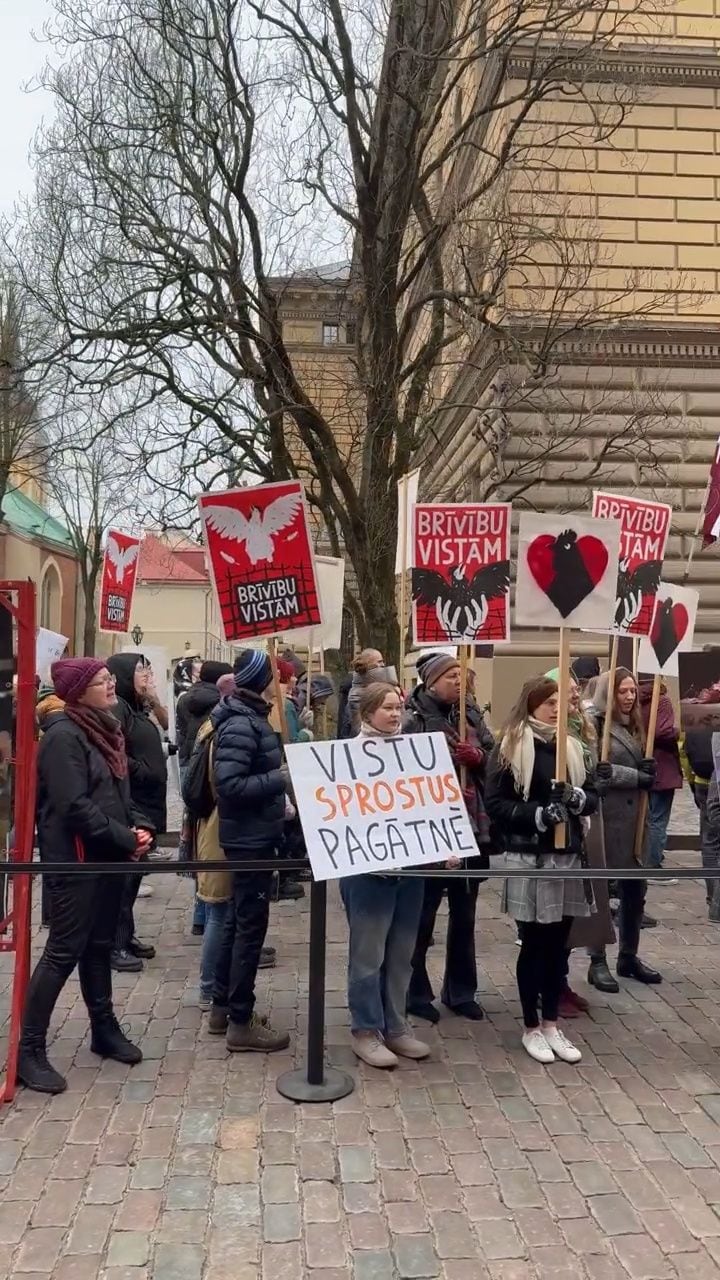 Demonstranti pie Saeimas aicina aizliegt vistu sprostus
