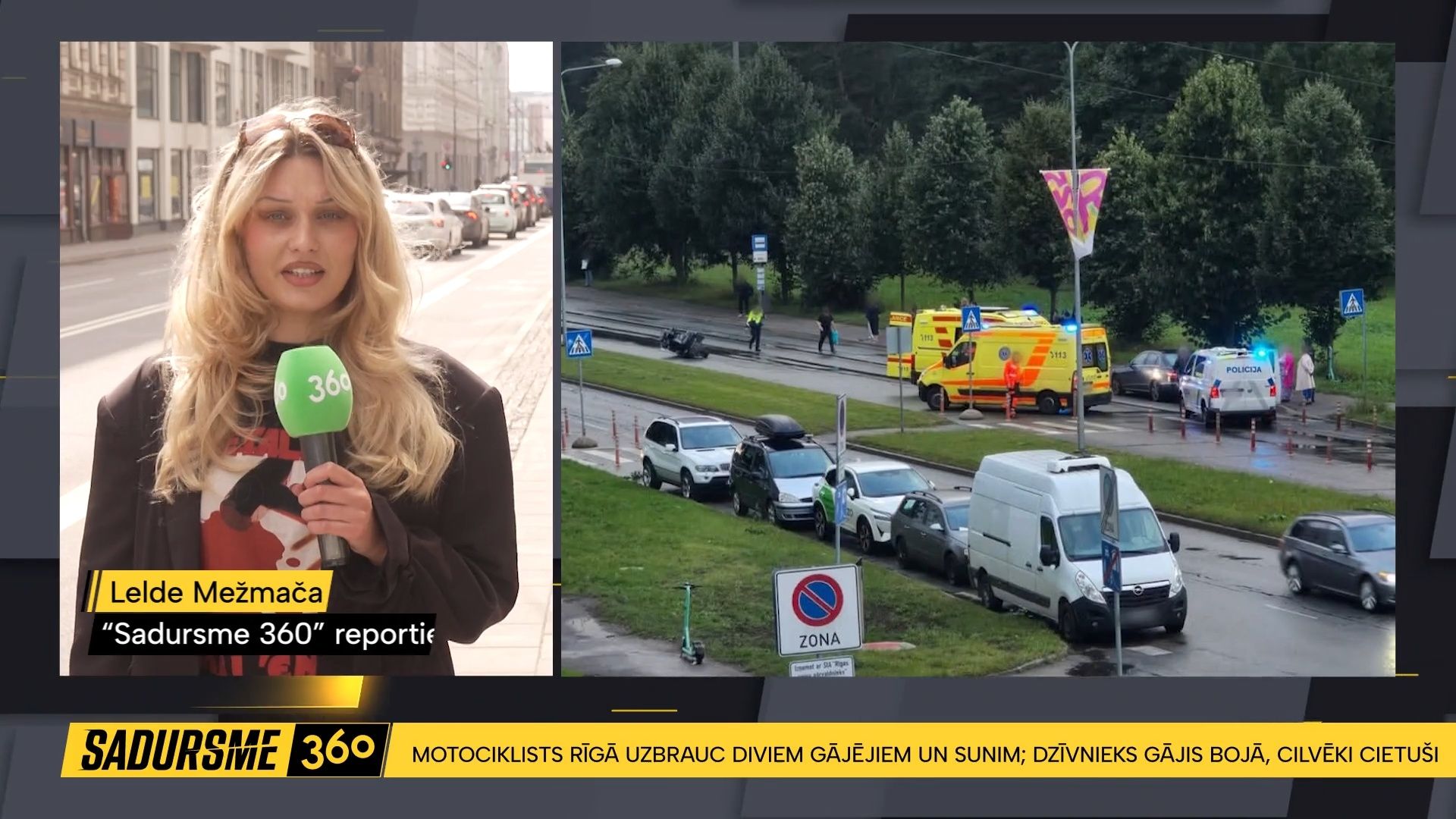 Motociklists Rīgā uzbrauc diviem gājējiem un sunim; dzīvnieks gājis bojā, cilvēki cietuši